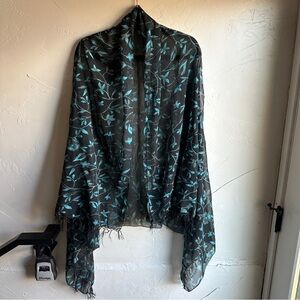 Sheer Black & Teal Botanical‎ Print Shawl/Wrap with Fringe Goth Whimsigoth Fairy